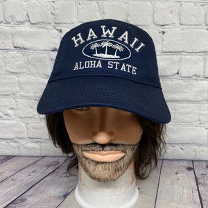 Hawaii Hat Cap Strap Back Navy Blue Aloha State Big Embroidered Spell Out Palm